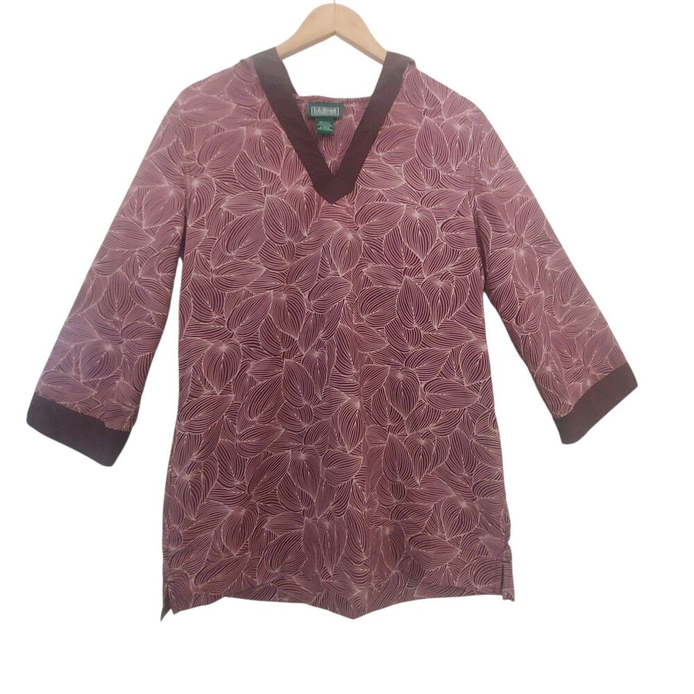 L.L. Bean Hoodie Coverup Tunic Large Maroon Floral Beach Swim Tropical Boat
